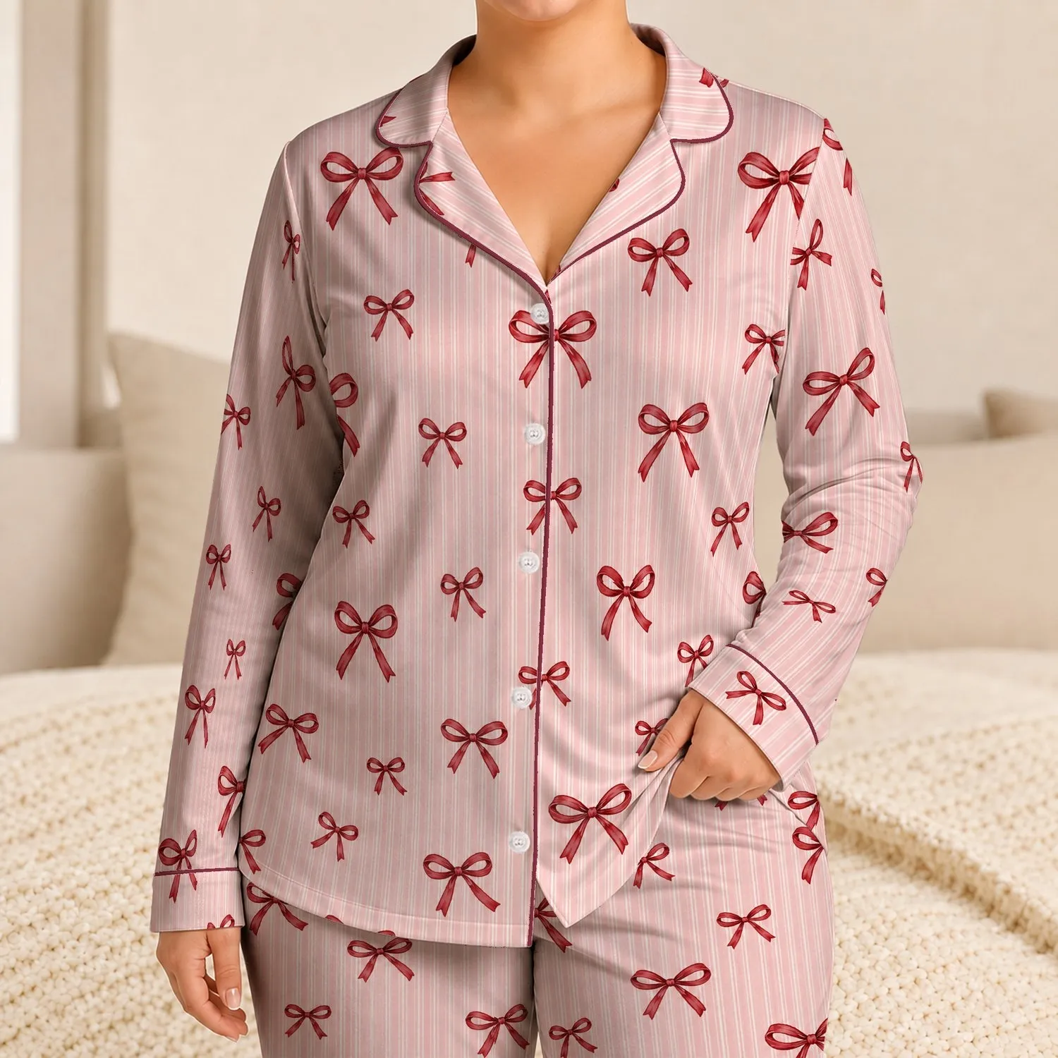 Blush Pink Bows And Fine Stripes For Cozy Evenings And Relaxed Lounging Satin Pajamas Set - 1