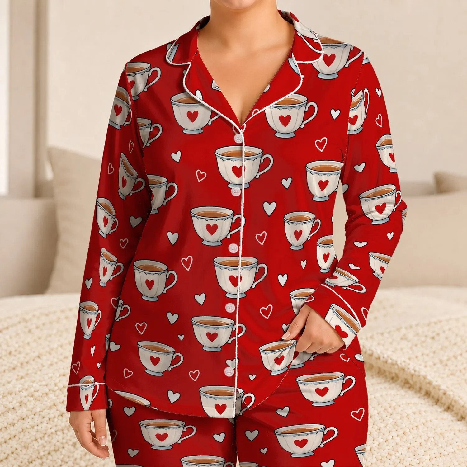 Heart Teacups for Cozy Evenings and Sweet At-Home Moments Satin Pajamas Set - 1