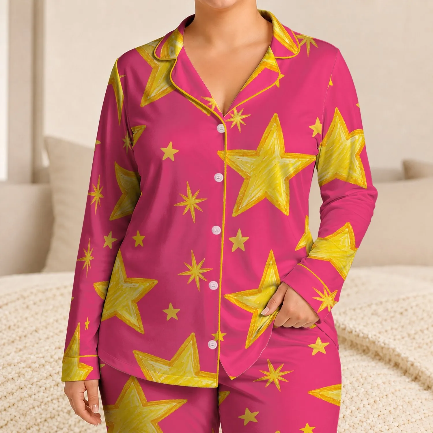 Golden Star Scatter for Playful Retro Lounging and Cozy Gift Giving Satin Pajamas Set - 1