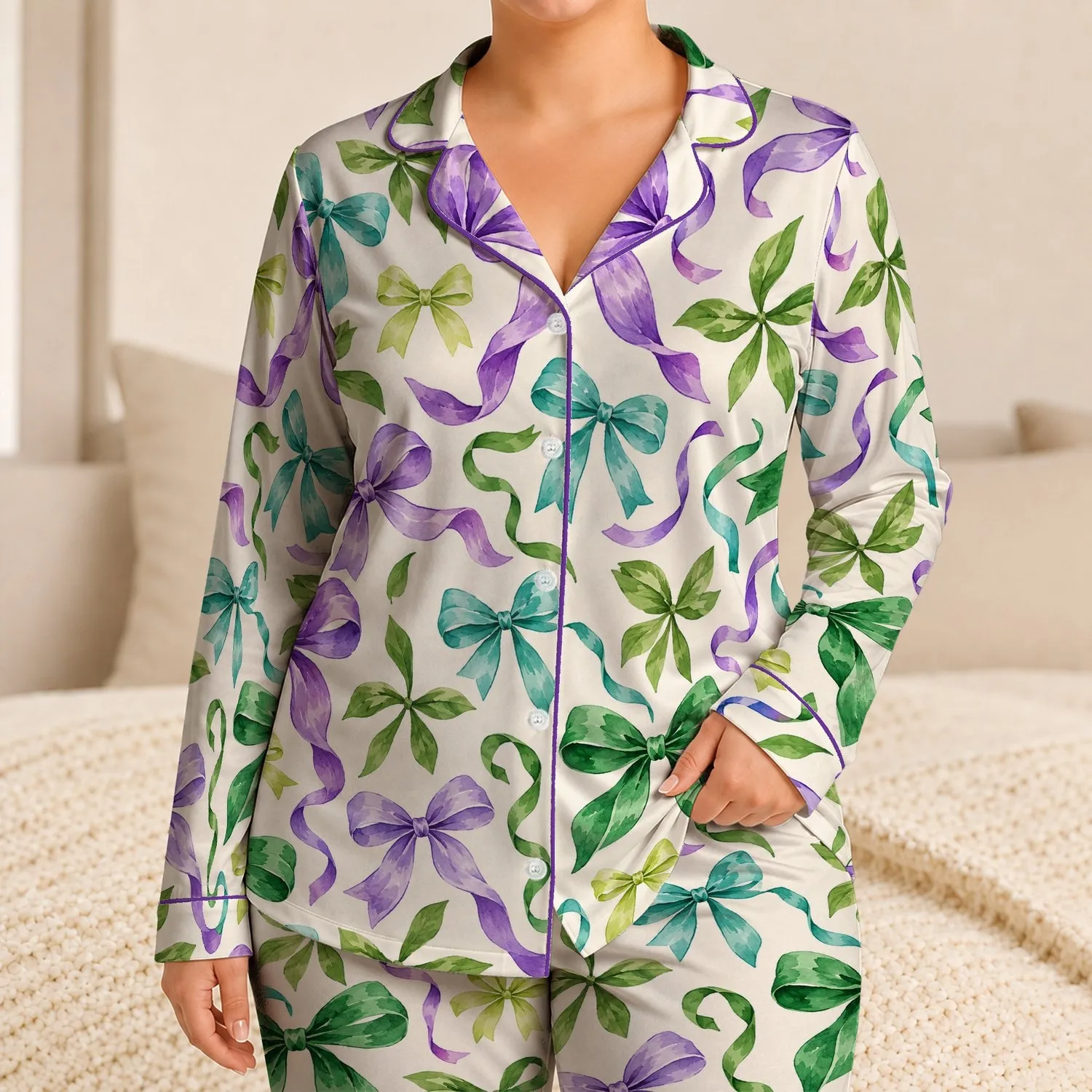 Watercolor Green And Violet Bows For Cozy Lounging, Relaxed Evenings And Gifts For Her Satin Pajamas Set - 1