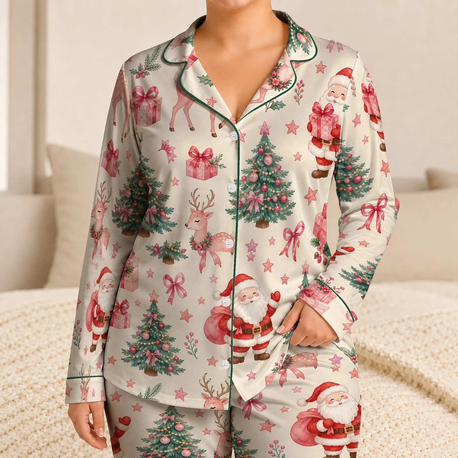 Santa Reindeer Holiday Lounge Style for Cozy Christmas Morning Gifts for Women Fans Satin Pajamas Set - 1