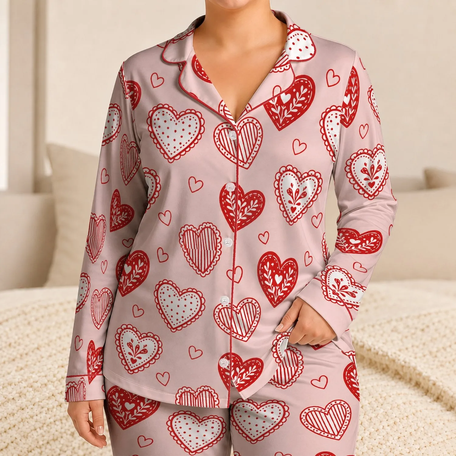 Blush Heart Scatter For Valentine's Day Relaxing At Home For Women Who Love Cozy Style Satin Pajamas Set - 1