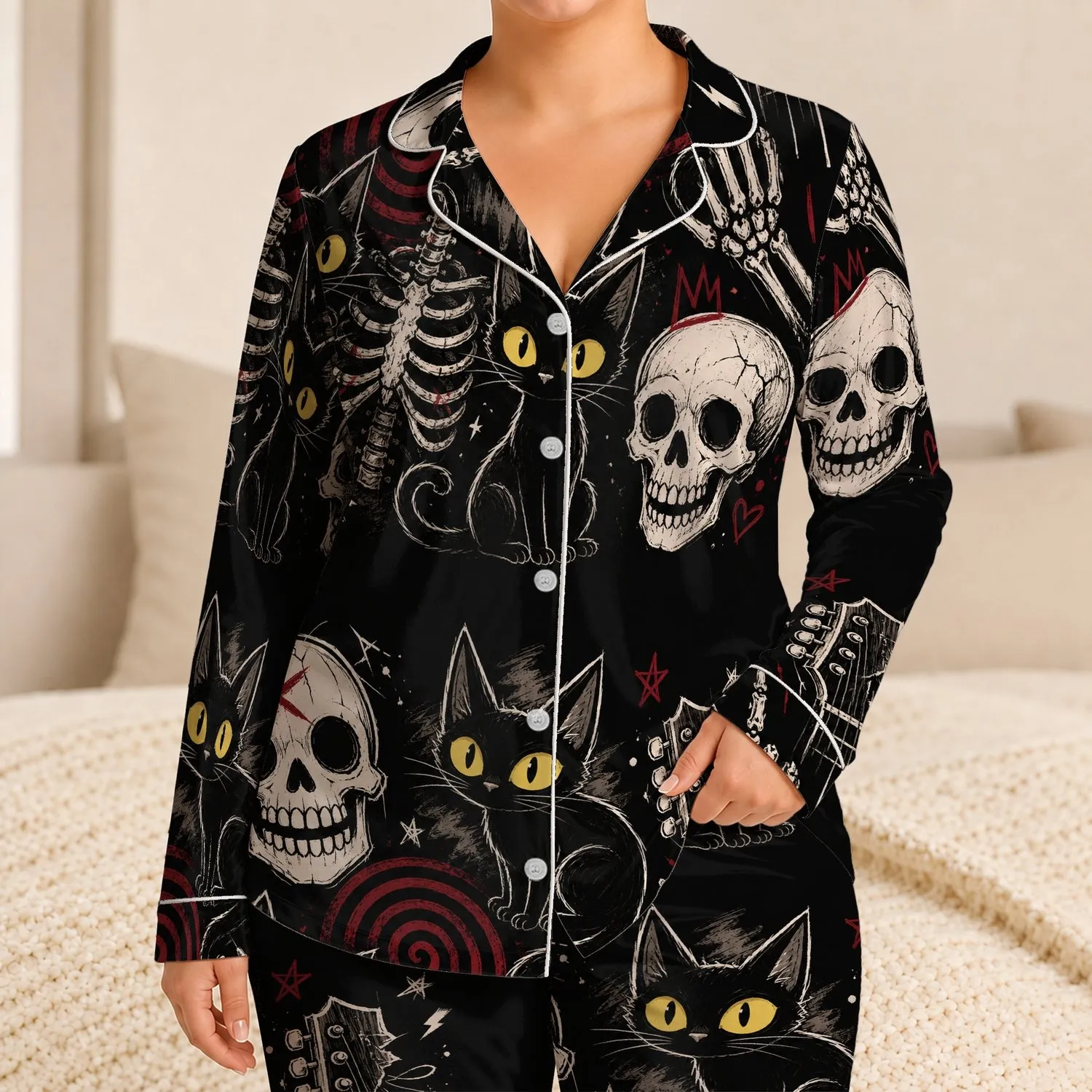 Graffiti Skull Cat Street Style Lounge Look for Women, Night Out Relaxed Vibes Edge Satin Pajamas Set - 1