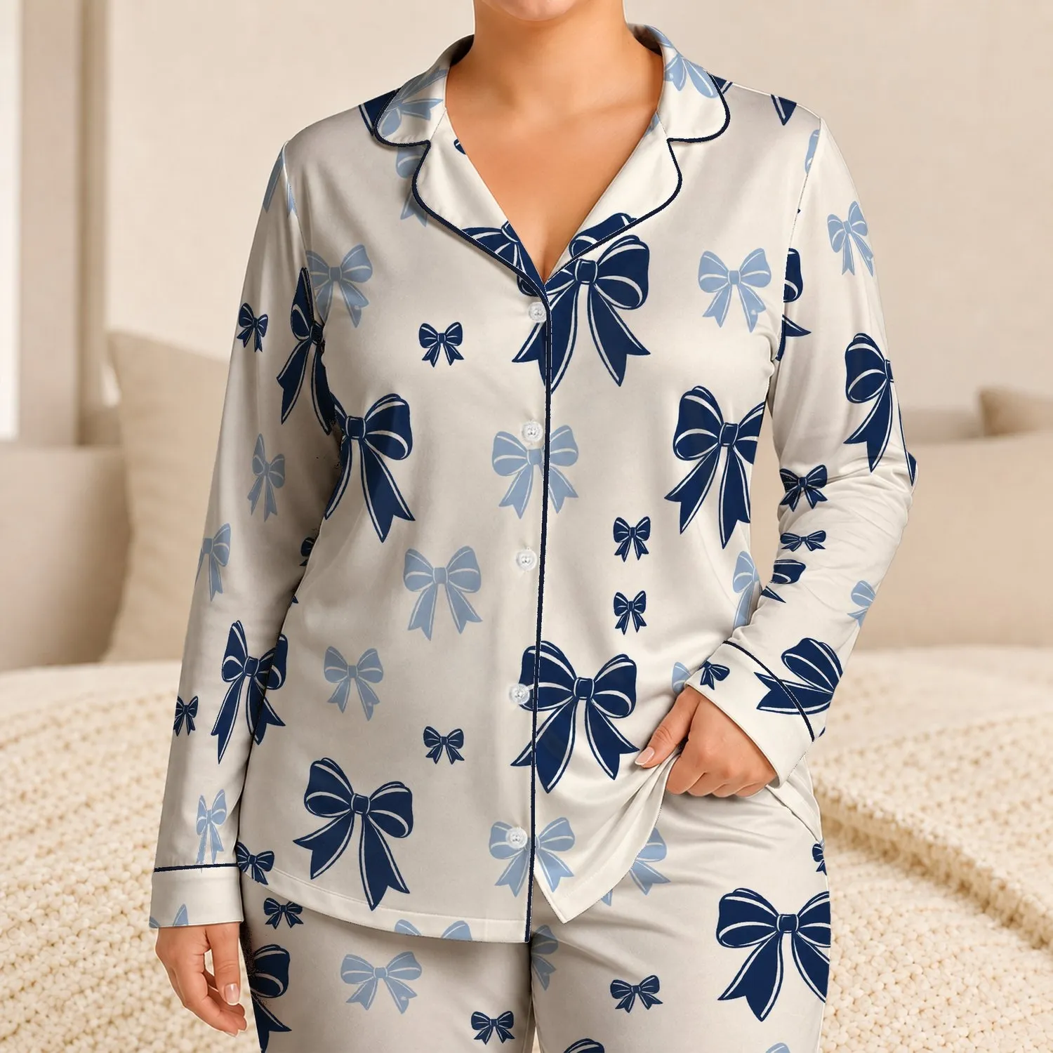 Navy Bow Ribbon Style for Cozy Nights and Holiday Mornings for All Girls and Boys Satin Pajamas Set - 1