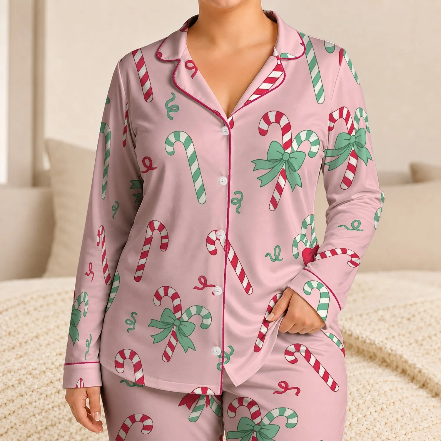 Pink Candy Cane Bows for Festive Christmas Mornings, Holiday Lounging, and Gifting Satin Pajamas Set - 1