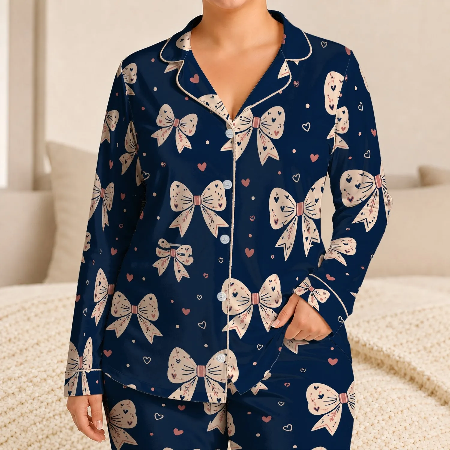 Midnight Navy Bowknot Ribbons With Hearts For Cozy Bedtime And Sleepovers For Girls Satin Pajamas Set - 1