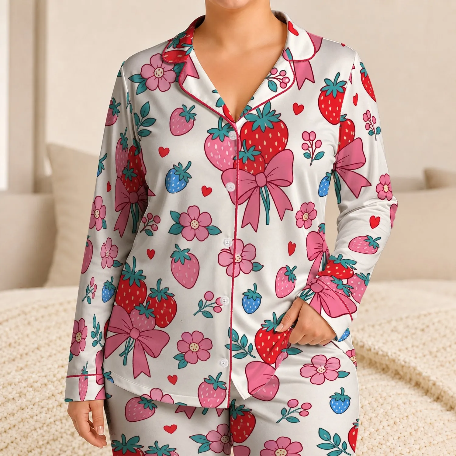 Strawberry Bow Garden Motifs For Cozy Vacation Lounging, Girls And Kids Home Days Satin Pajamas Set - 1
