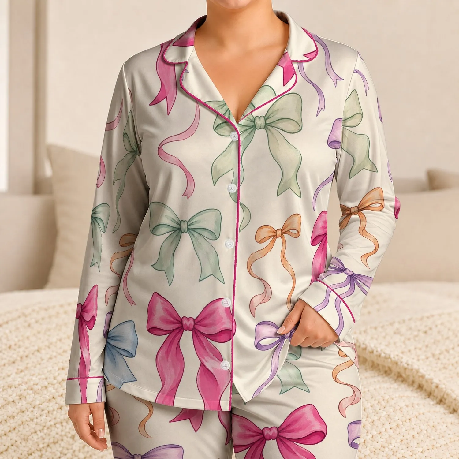 Colorful Ribbon Bows for Cozy Summer Lounging and Bedtime Gift Giving for Young Girls Satin Pajamas Set - 1