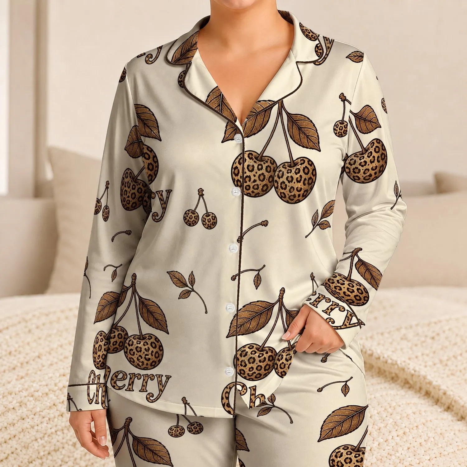 Leopard Cherry Motif for Summer Lounging, Holiday Travel and Casual Weekend Girls Satin Pajamas Set - 1