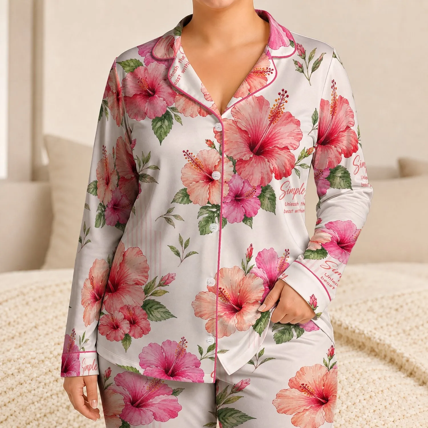 Tropical Hibiscus Simple Joy Floral Stripes for Vacation Lounging, Kids and Adults Satin Pajamas Set - 1