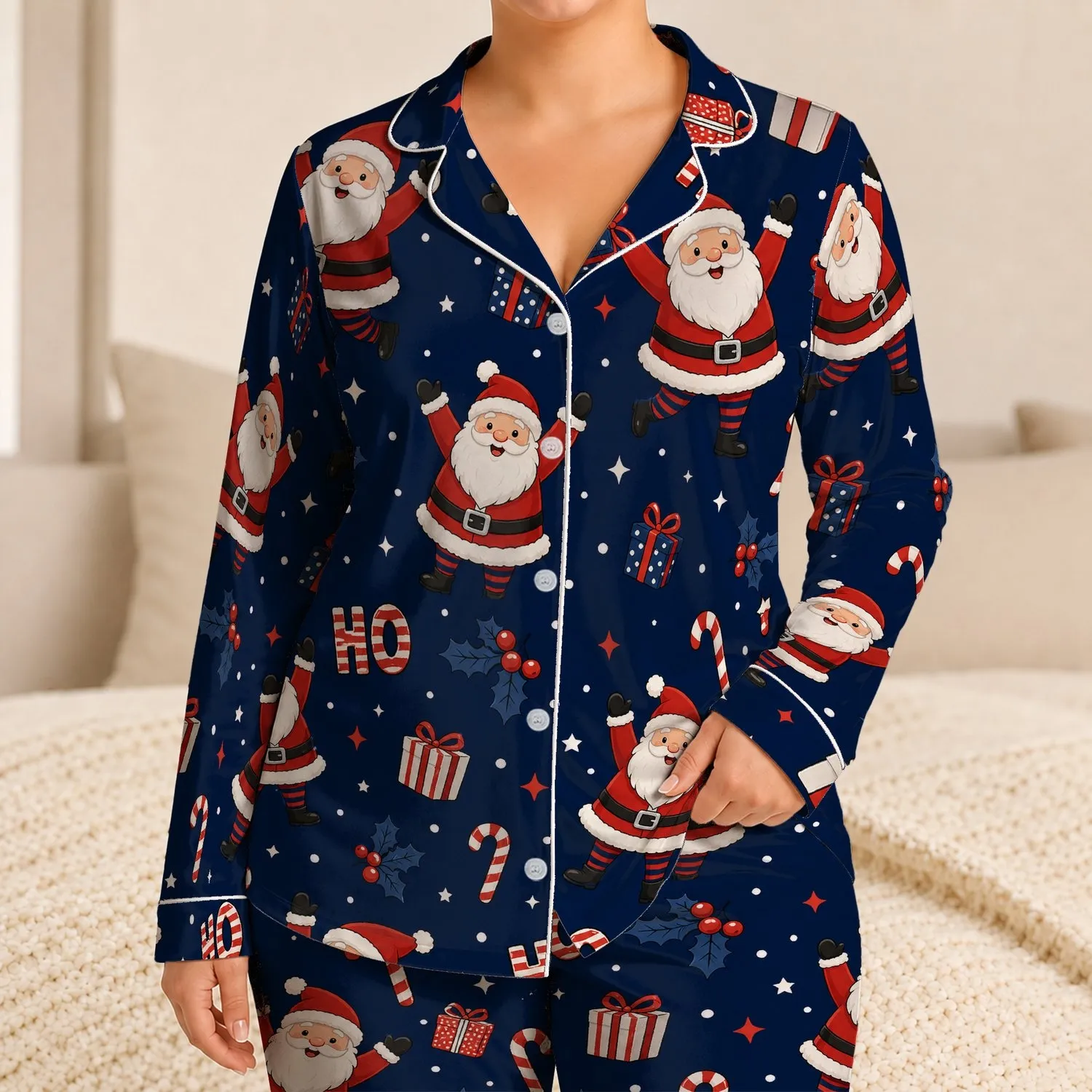 Santa Claus Red Hat Gifts Candy Canes Christmas Morning Holiday Cheer Kids And Families Satin Pajamas Set - 1