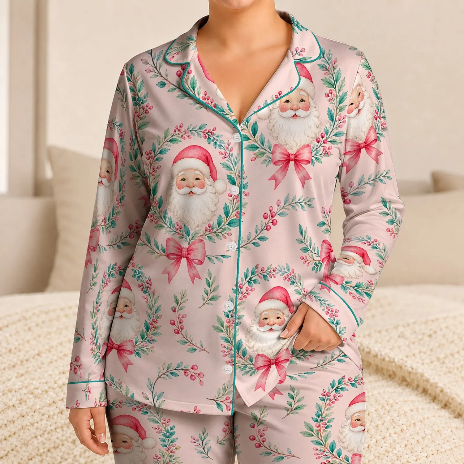 Pink Santa Wreaths And Bows For Christmas Lounging, Holiday Gifts For Girls And Kids Satin Pajamas Set - 1