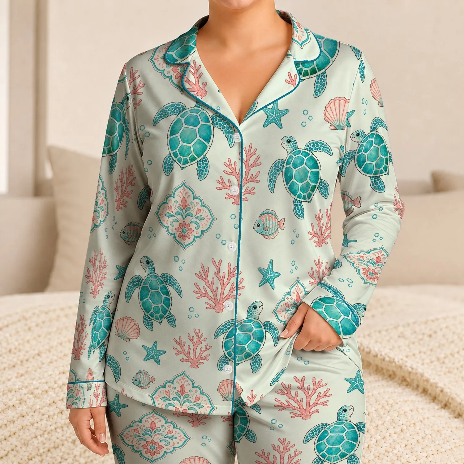 Sea Turtle Ocean Garden Coastal Motifs for Beach Trips and Everyday Wear for Children Satin Pajamas Set - 1