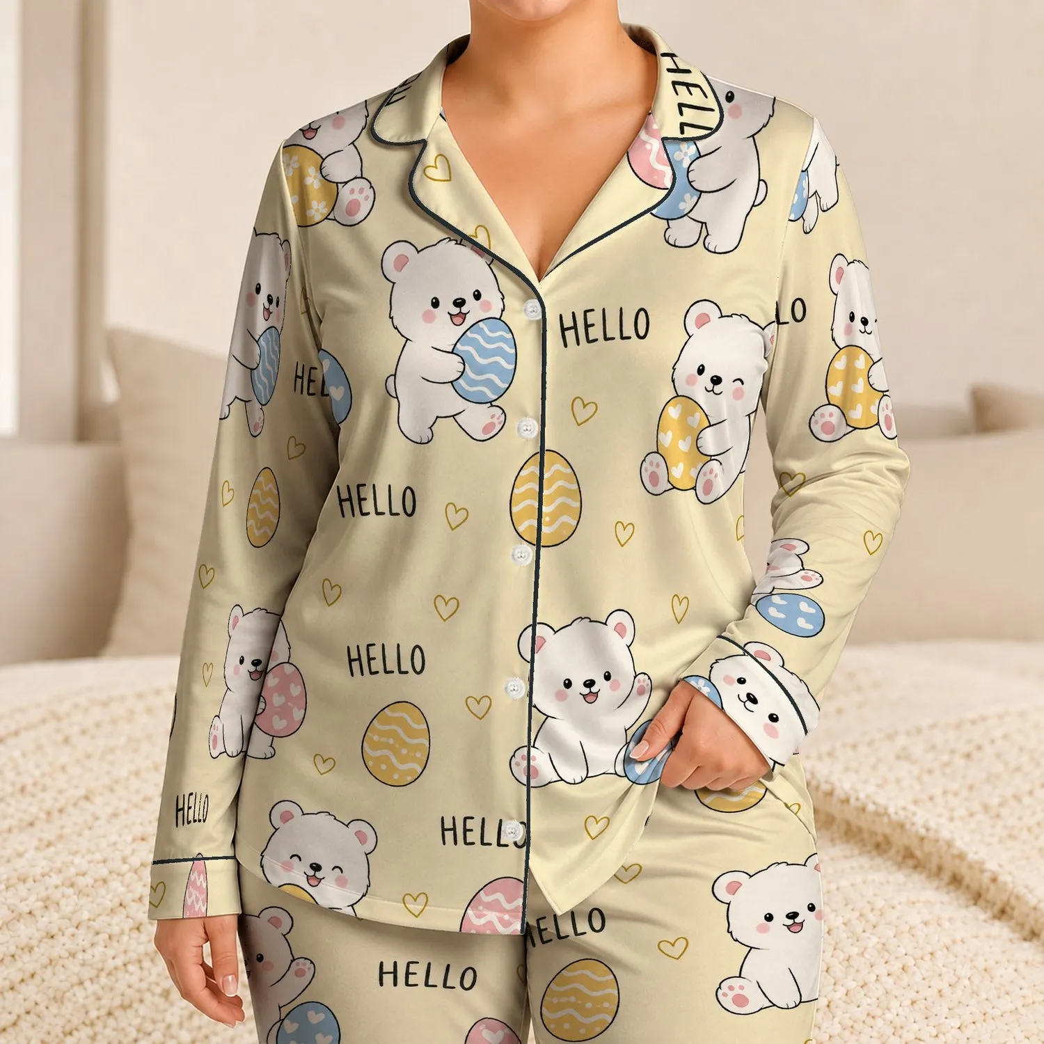Easter Bear And Egg Hello Motifs For Spring Gifts, Girls, Sisters And Holiday Fun Satin Pajamas Set - 1