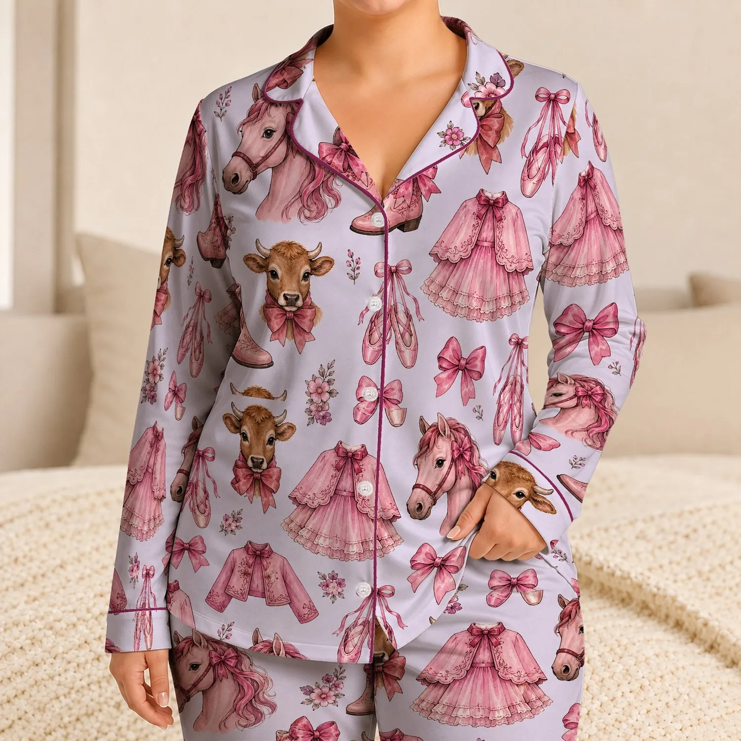 Pink Bows Ballet Slippers Horses And Calves For Sweet Cozy Bedtime Style For Girls Satin Pajamas Set - 1