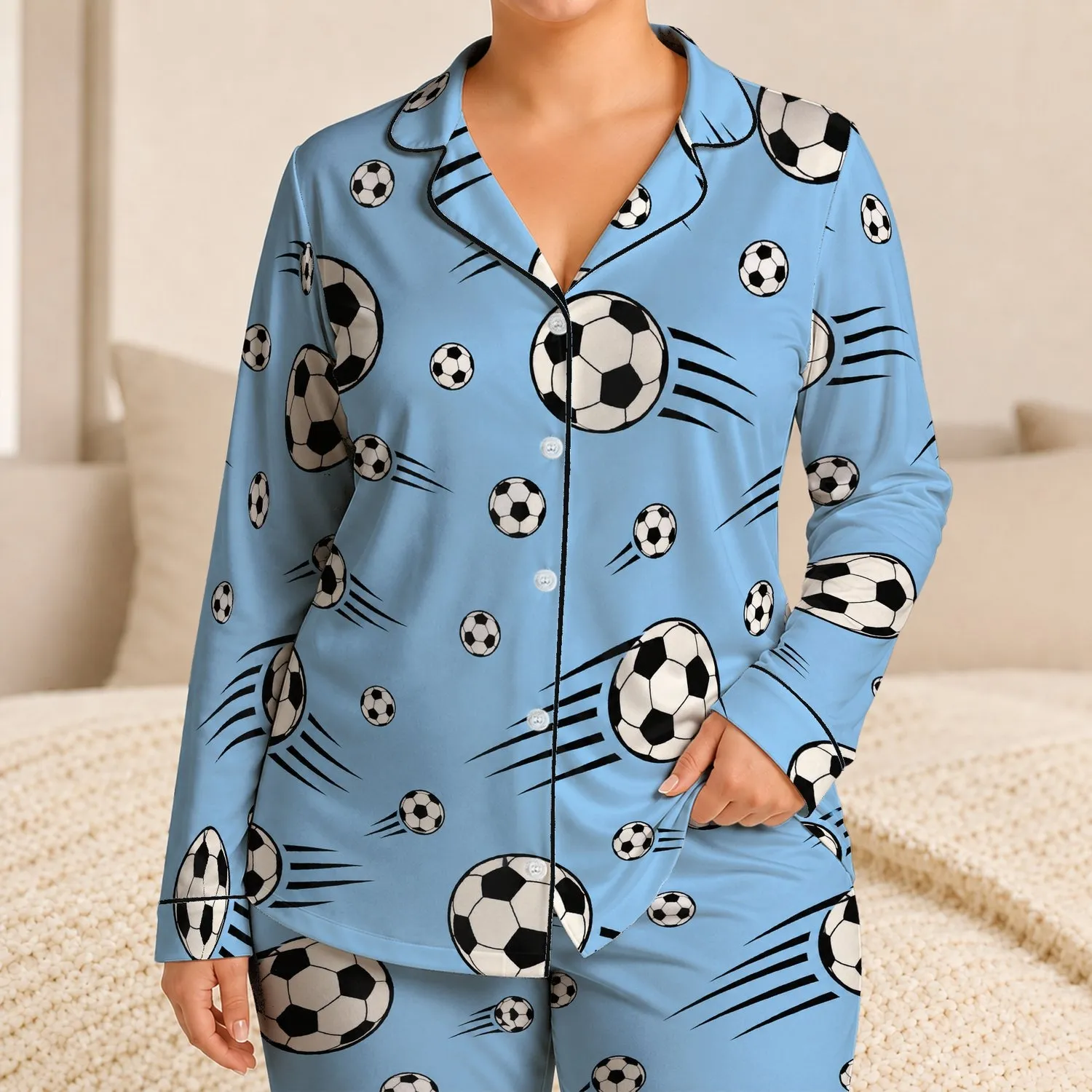 Blue Soccer Ball Motion For Summer Lounge Style Sports Fans Young Teen Boys And Girls Satin Pajamas Set - 1