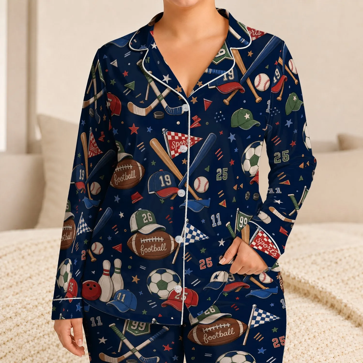 Sports Collage Football Soccer Bowling Bats Gift For Game Day Boys And Young Athletes Satin Pajamas Set - 1