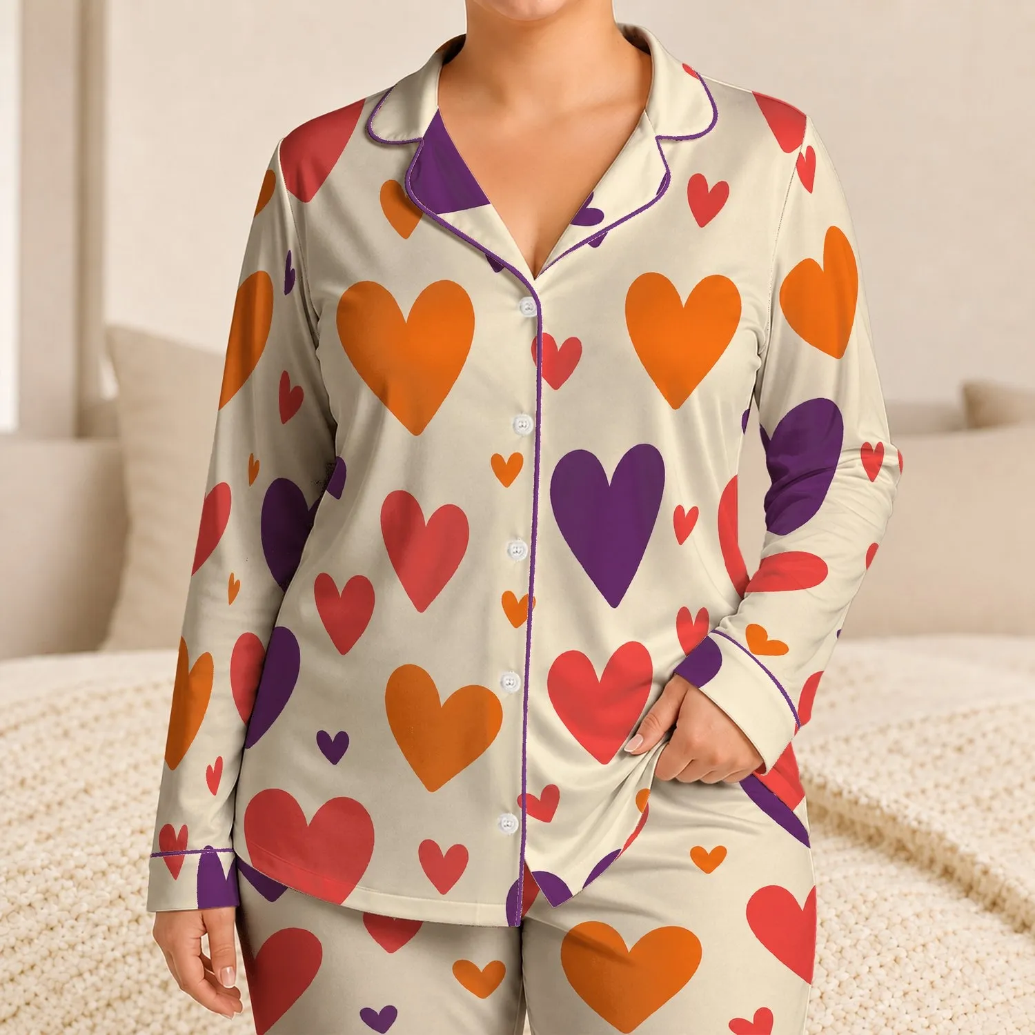 Colorful Heart Motifs for Cheerful Spring Days and Everyday Wear, Girls Ages 4-13 Satin Pajamas Set - 1