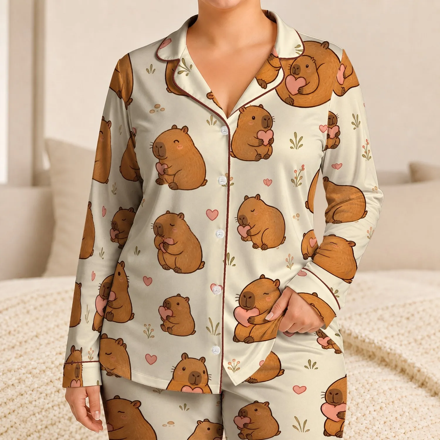 Cute Capybara Hearts Woodland Rodents Cozy Bedtime Gift for Young Girls and Toddlers Satin Pajamas Set - 1