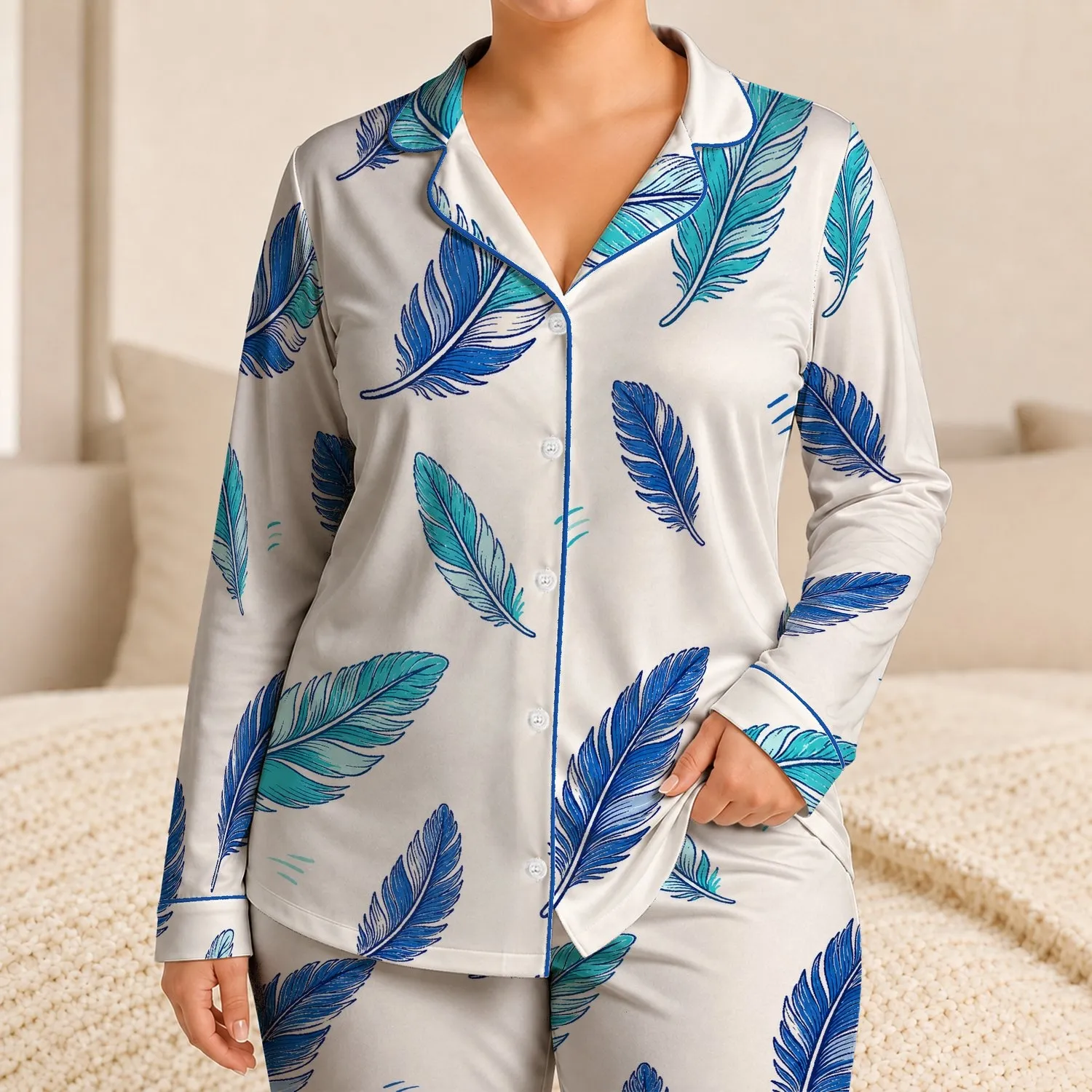 Blue Feather Botanical Coastal Lounge Set for Summer Beach Days, Unisex Boys and Girls Satin Pajamas Set - 1