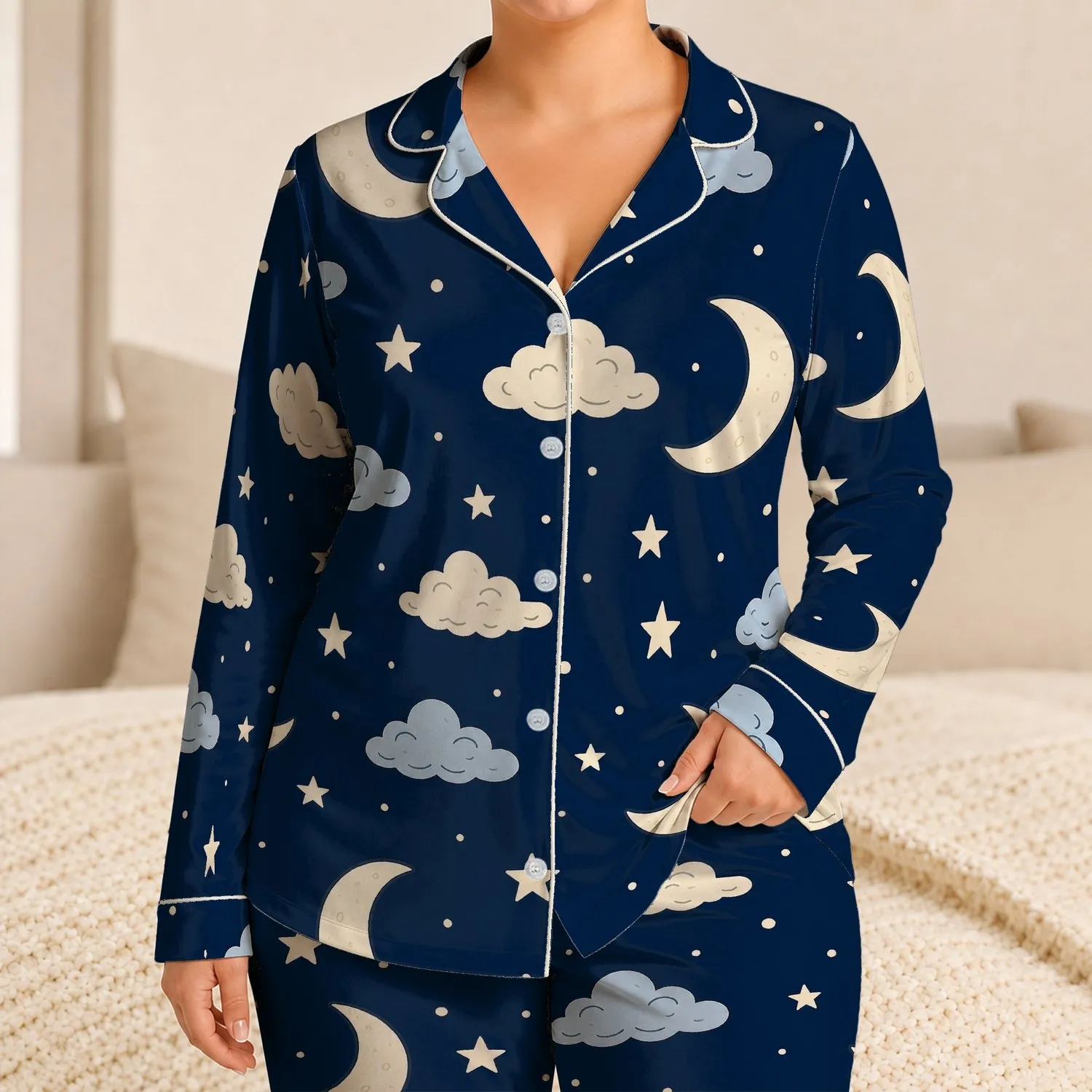 Moon Cloud Starry Night Sky For Cozy Dreamy Bedtime Nursery Little Girls Ages 4-12 Satin Pajamas Set - 1