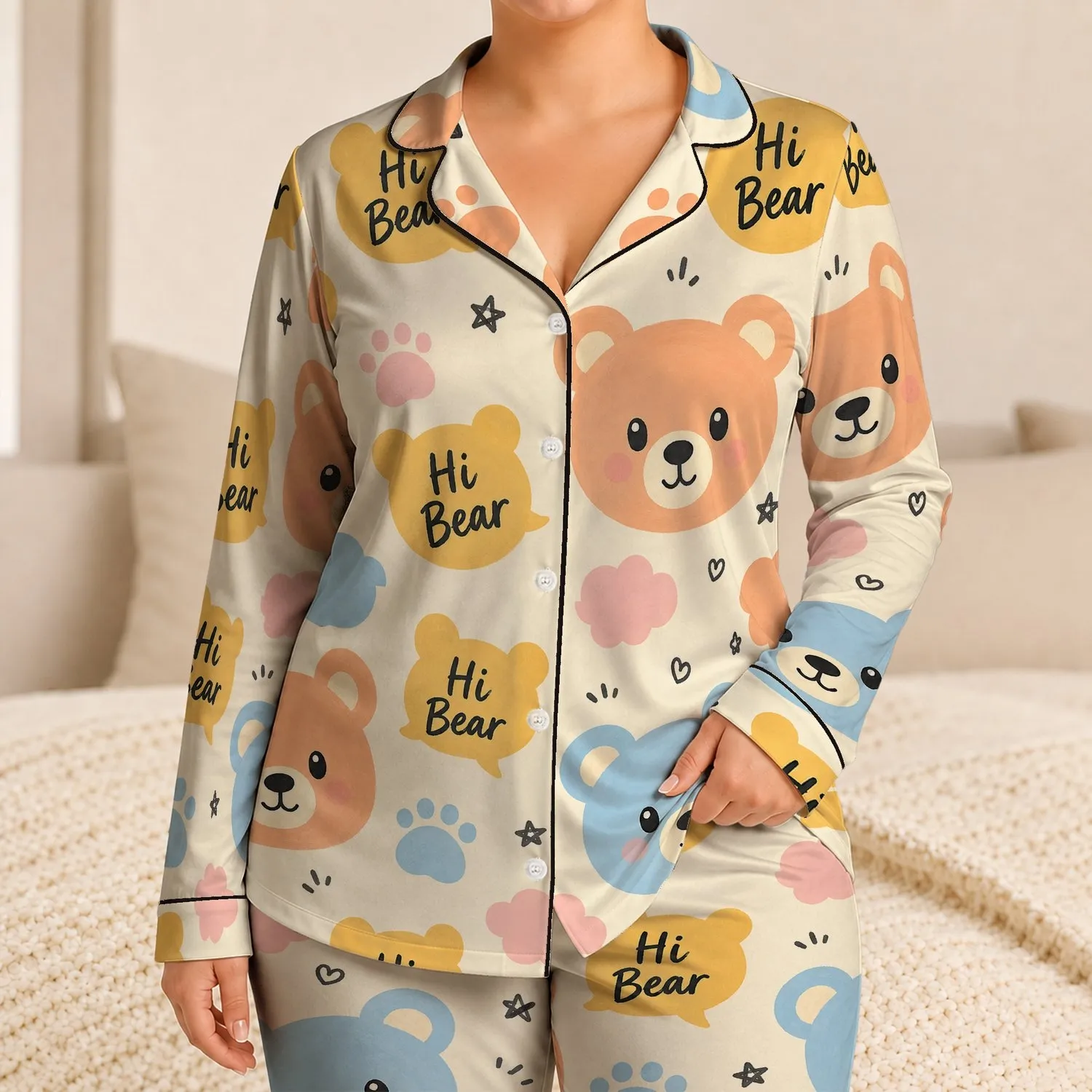 Pastel Bear Faces and Hi Bear Motifs for Cozy Spring Summer Bedtime Little Girls Satin Pajamas Set - 1