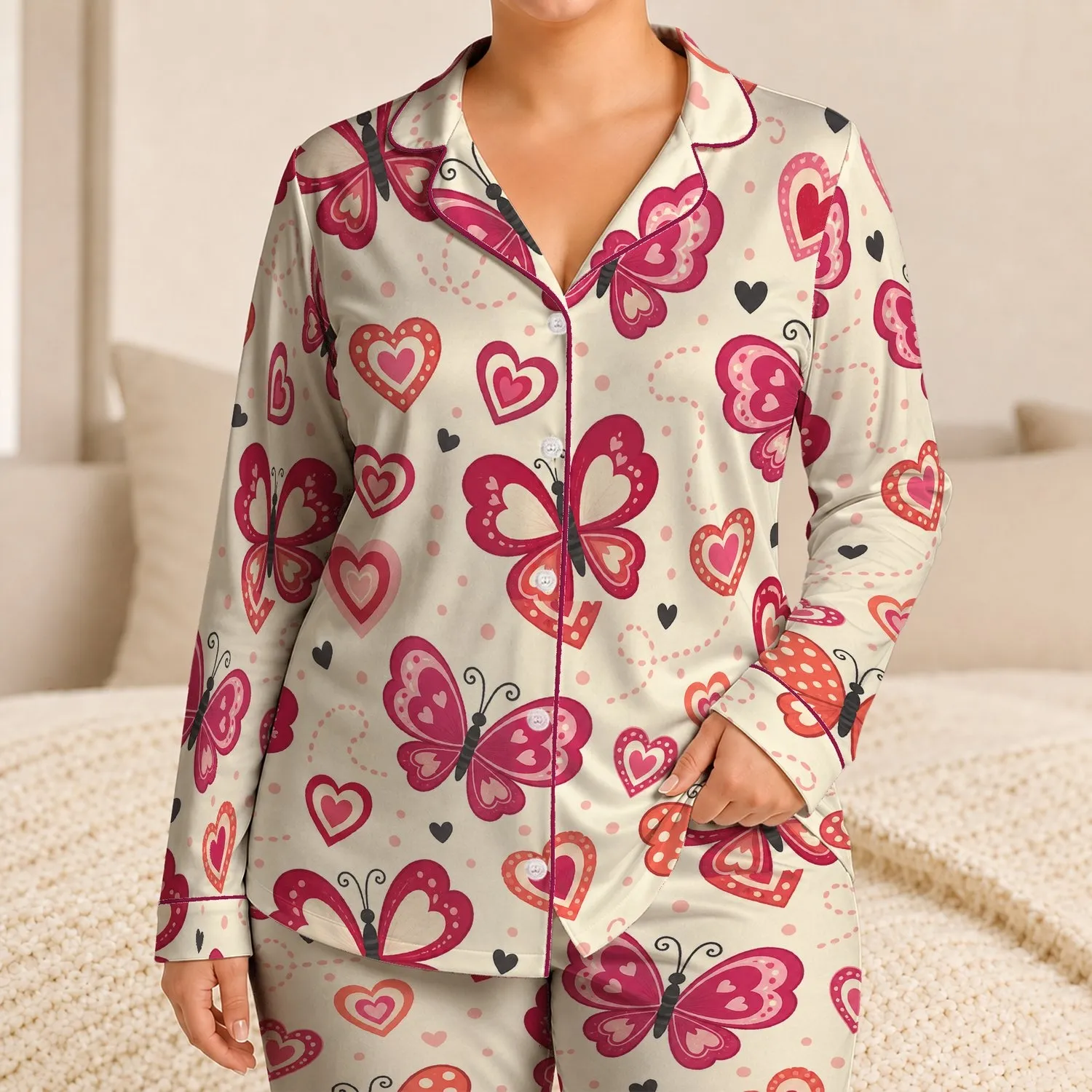 Heart Butterfly Motifs for Spring Bedtime Comfort, Girls' Lightweight Knee-Length Style Satin Pajamas Set - 1
