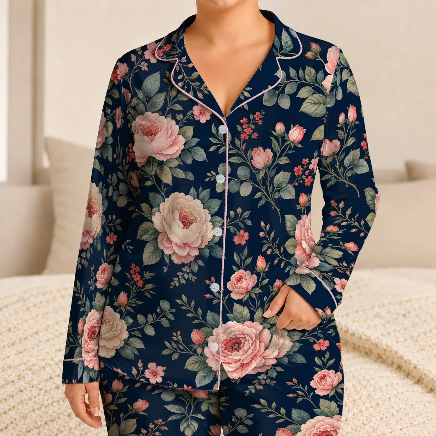 Midnight Navy Rose Garden Floral Motif for Romantic Bedtime Lounging and Holiday Gifting Satin Pajamas Set - 1