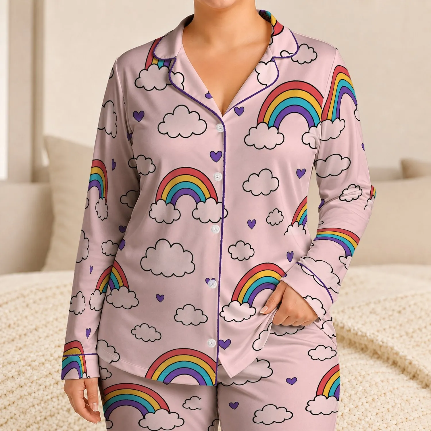 Rainbow Cloud Short Sleeve Top And Shorts For Girls Spring Summer Bedtime Lounge Satin Pajamas Set - 1