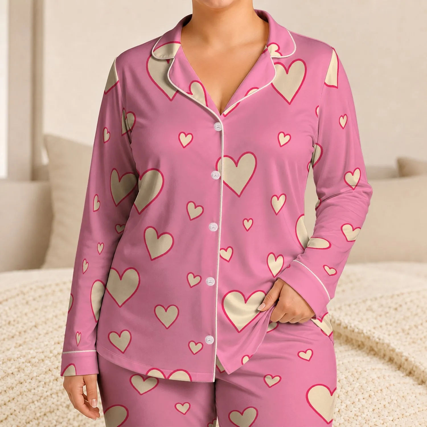 Pink Ivory Heart Motif for Cozy Nights, Lounging and Gift Giving for Sweet Girls Satin Pajamas Set - 1