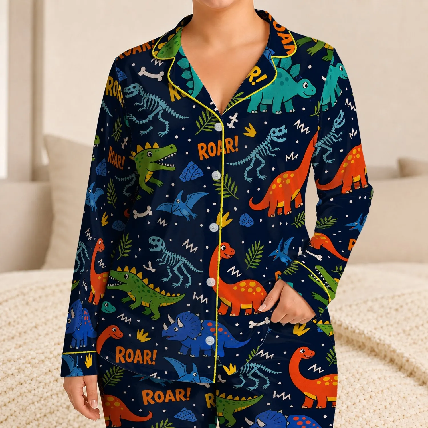 Dinosaur Adventure Roar Motifs for Summer Bedtime Playtime, Young Boys and Girls Satin Pajamas Set - 1