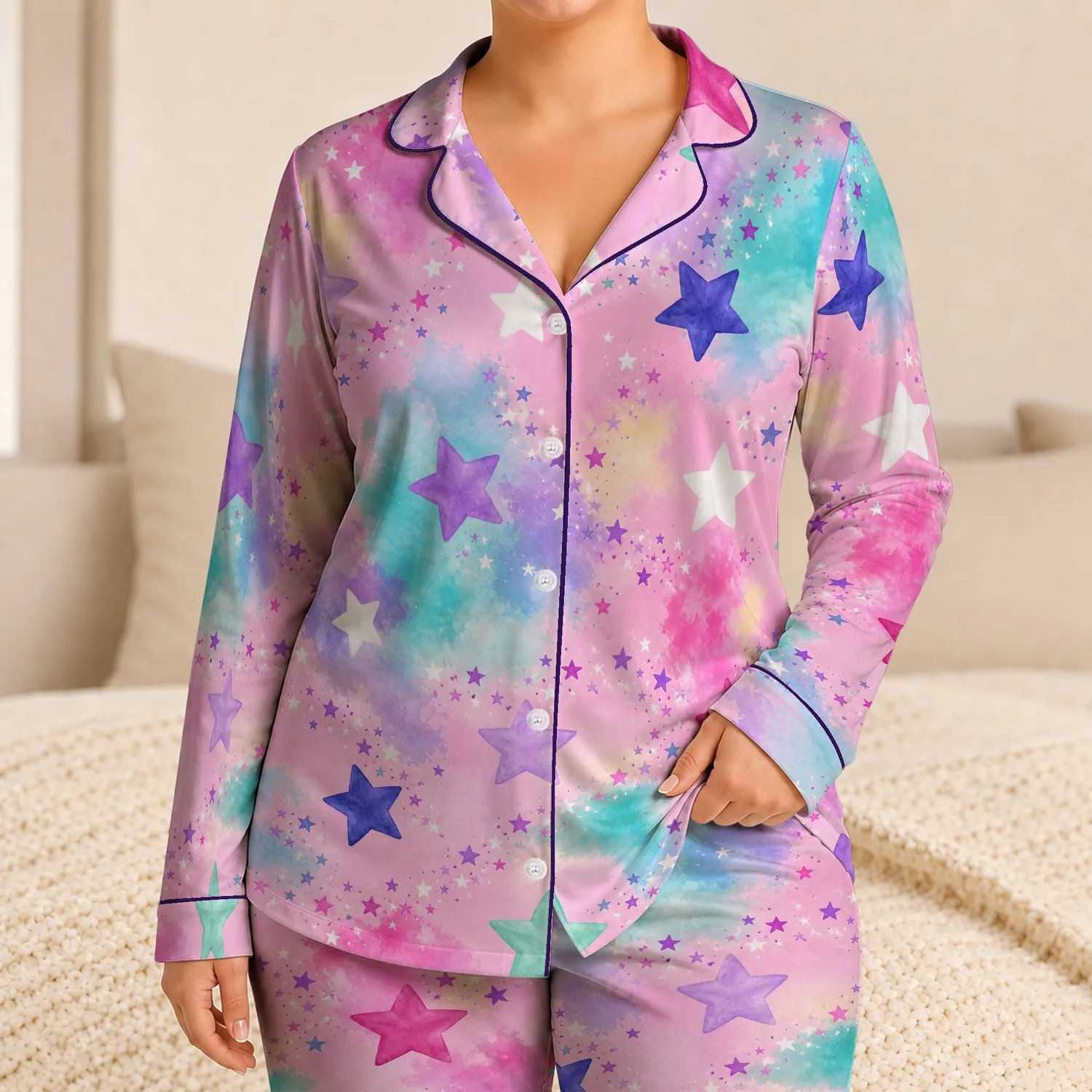 Dreamy Watercolor Stars Orchid Pink Summer Night Sky Look For Girls Vacation Style Satin Pajamas Set - 1