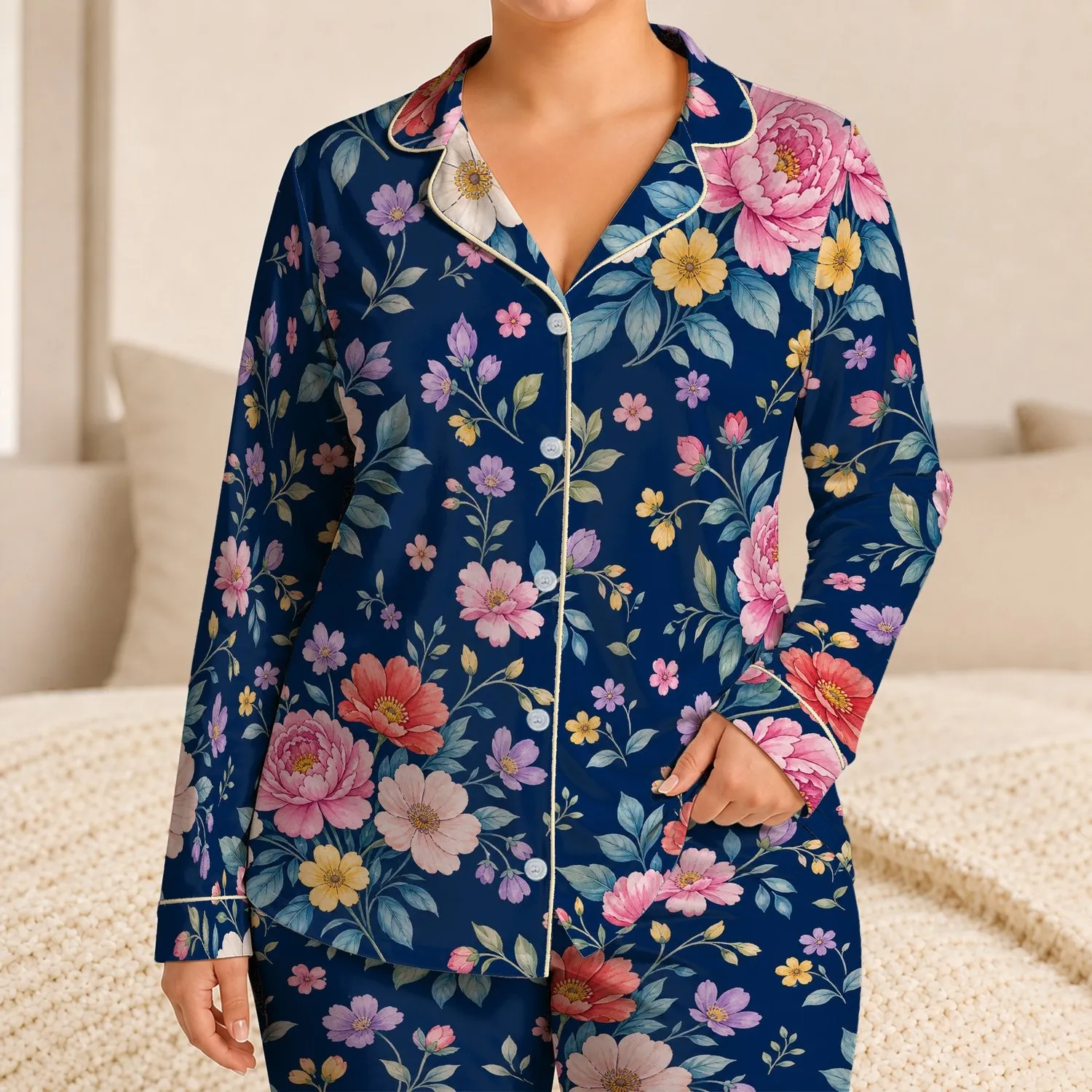 Navy Blue Pink Peony Floral Garden Springtime Bedtime Comfort for Girls and Kids Satin Pajamas Set - 1
