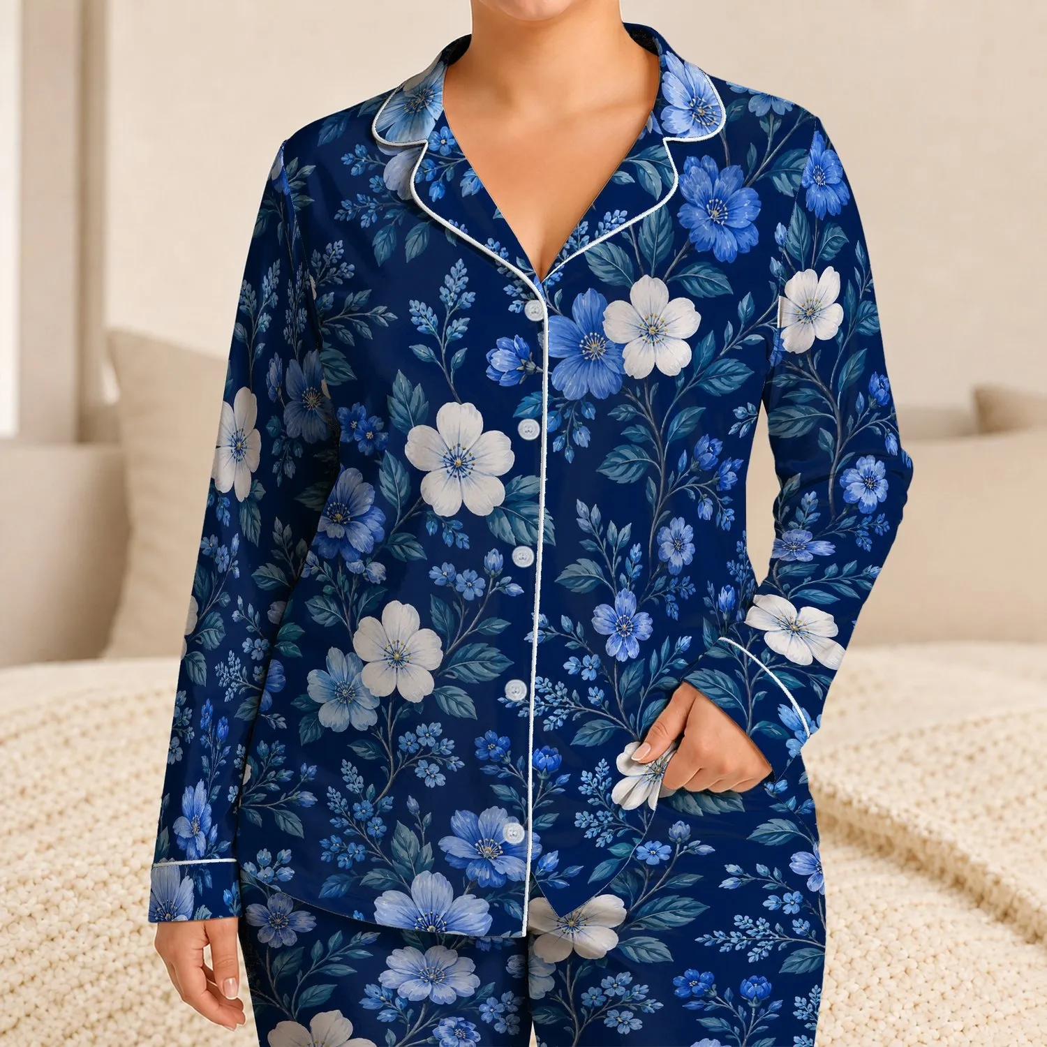 Navy Blue Botanical Flowers Garden-Inspired Bedtime Style for Girls and Women At Home Satin Pajamas Set - 1