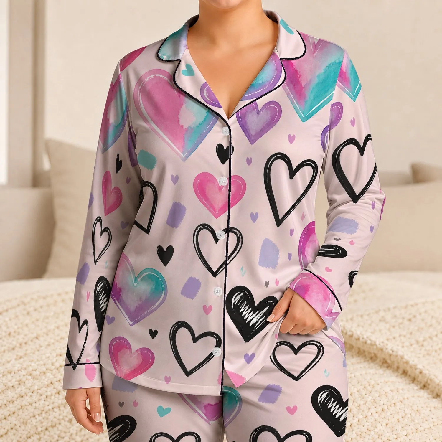 Cute Heart Graffiti Valentine's Day Lounge Gift for Girls, Teens, and Sweetheart Fans Satin Pajamas Set - 1