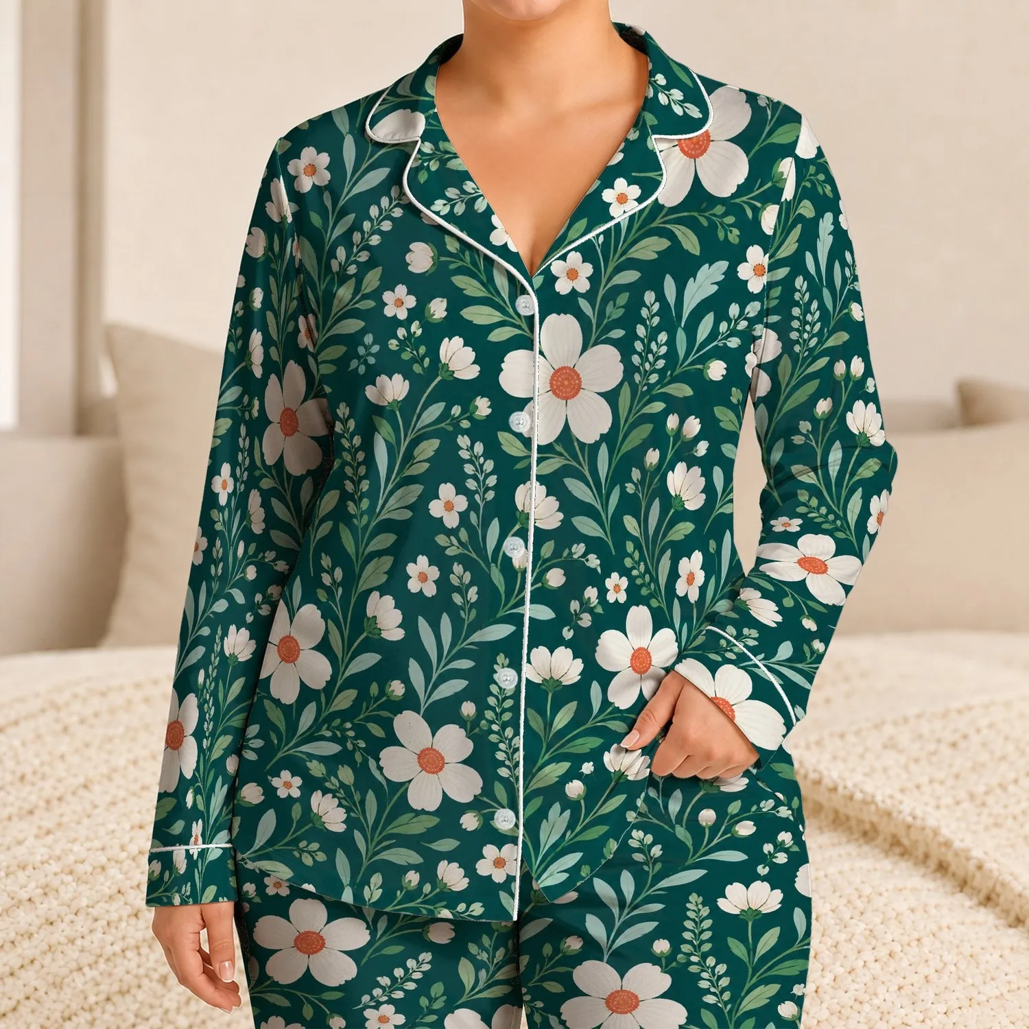 White Daisy Teal Green Botanical Meadow Floral Summer Lounge Style for Women and Girls Satin Pajamas Set - 1