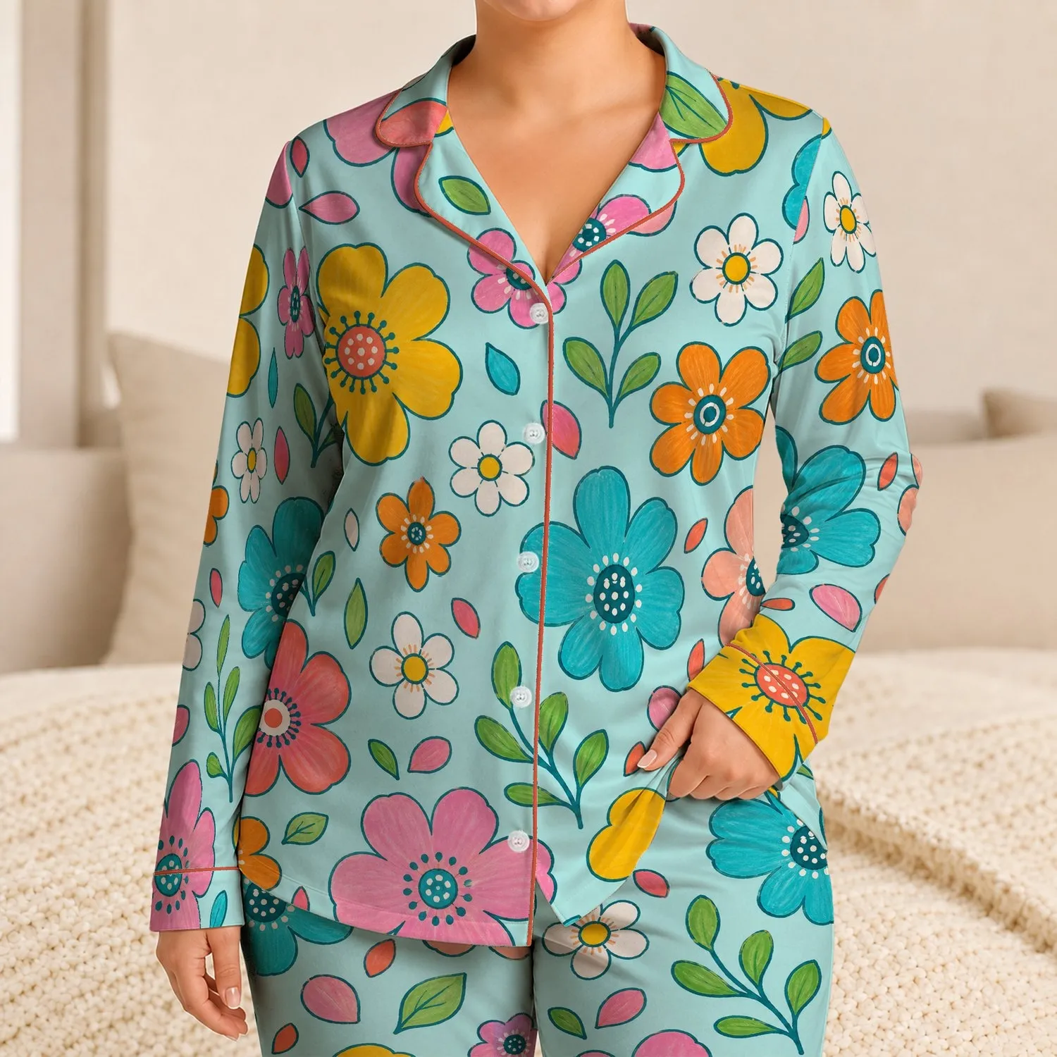 Bohemian Meadow Flowers For Dance Practice, Lounging, And Casual Outdoor Weekend Style Satin Pajamas Set - 1