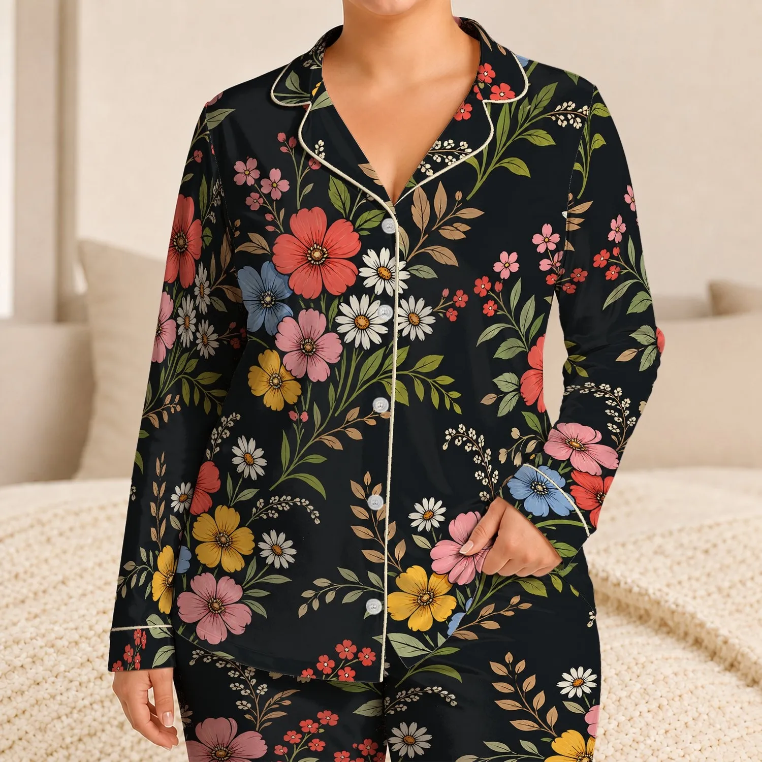 Coral Meadow Flowers Charcoal Botanical Garden Motif for Girls Summer Lounging Wear Satin Pajamas Set - 1