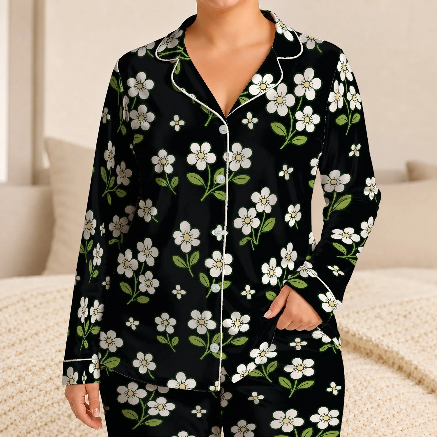 White Wildflower Green Leaf Cottagecore Garden Cozy Bedtime Gift For Girls And Women Satin Pajamas Set - 1