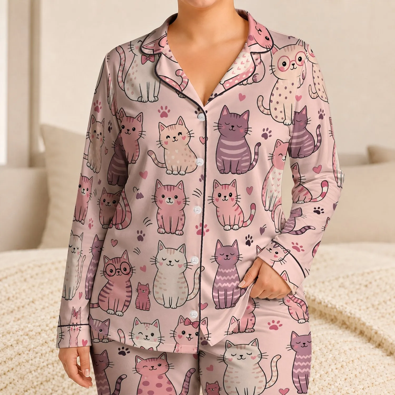 Cute Cat Faces With Hearts And Bows For Cozy Bedtime Gifts For Kids And Cat Lovers Satin Pajamas Set - 1