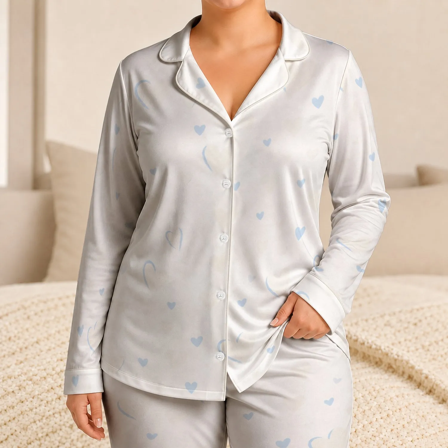 White Heart Midnight Navy Cozy Valentine's Day Lounge Gift For Girls, Women, And Teens Satin Pajamas Set - 1