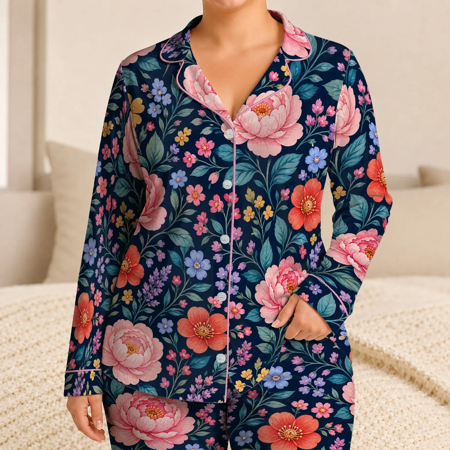Navy Floral Garden Peonies and Camellias for Cozy Bedtime Routines, Girls and Kids Satin Pajamas Set - 1