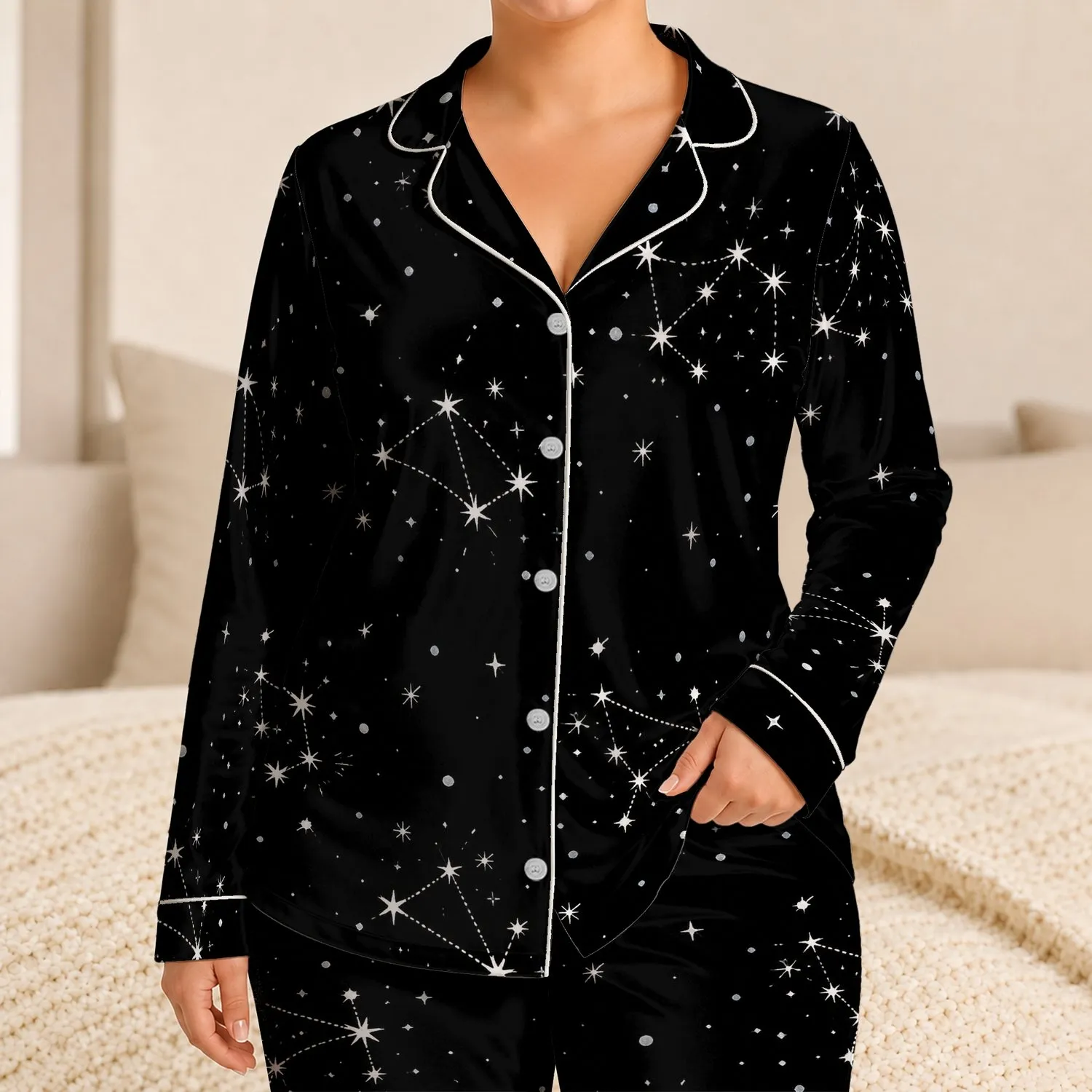 Black Night Sky Speckles Cozy Bedtime Gift for Stargazers and Dreamy Home Lounging Satin Pajamas Set - 1