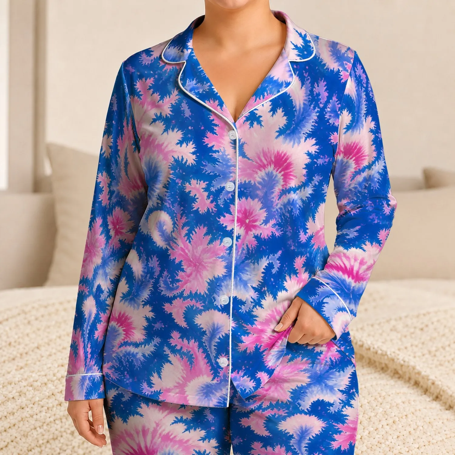 Cobalt Blue Ballet Pink Marbled Tie Dye Cozy Loungewear For Yoga, Travel, Girls And Teens Satin Pajamas Set - 1