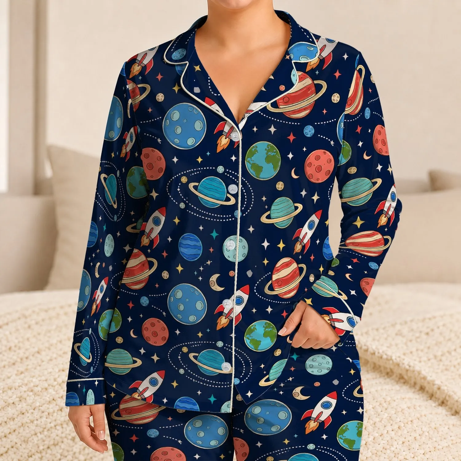 Retro Space Planets And Rockets For Cozy Summer Adventures Birthday Gift For Girls Satin Pajamas Set - 1