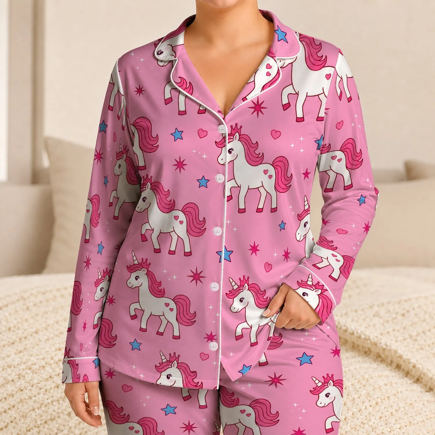 Pink Crowned Unicorns With Hearts for Magical Bedtime Gifts for Young Girls and Kids Satin Pajamas Set - 1