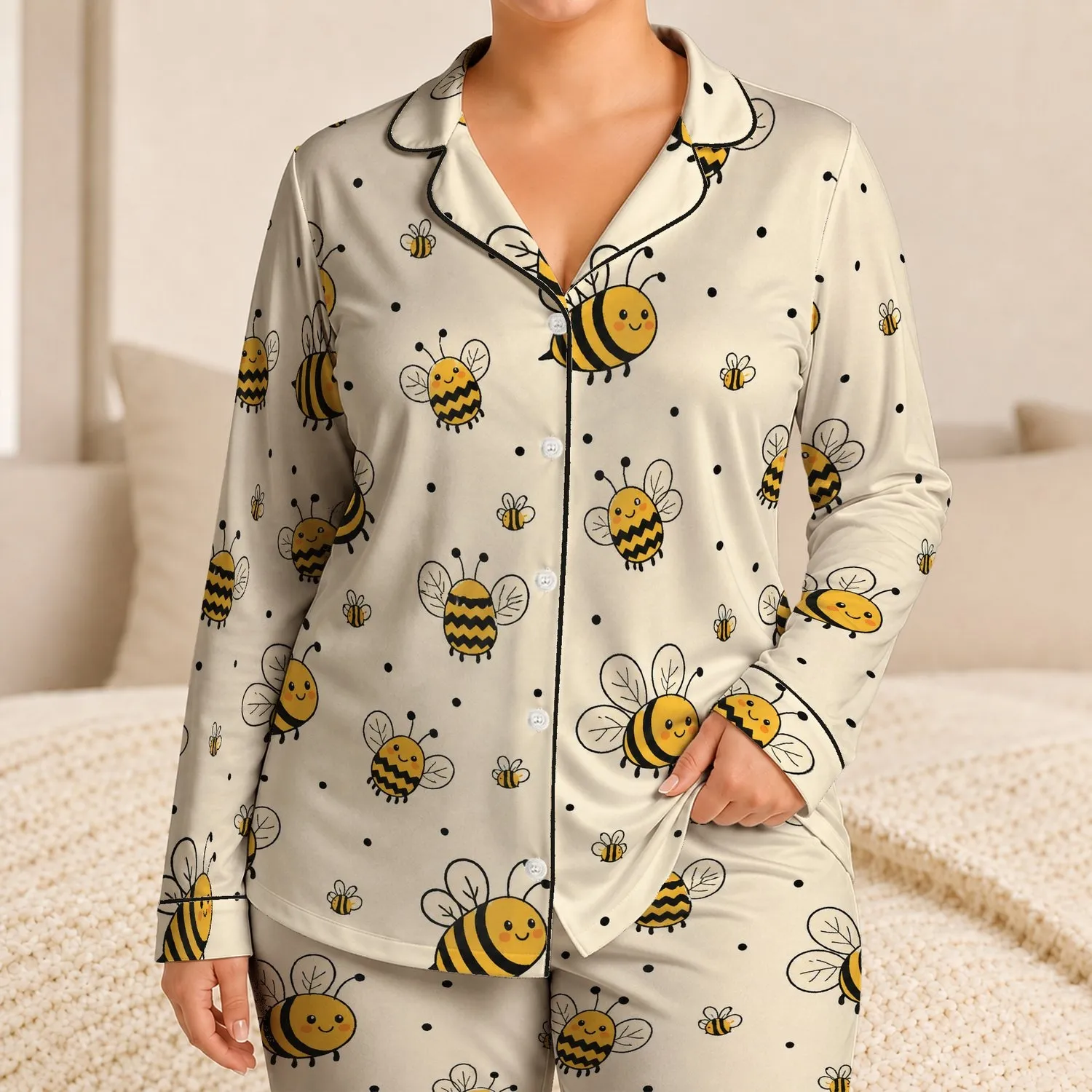 Cute Honeybee Doodle for Summer Adventures, Cheerful Outdoor Gift Idea for Girls Satin Pajamas Set - 1