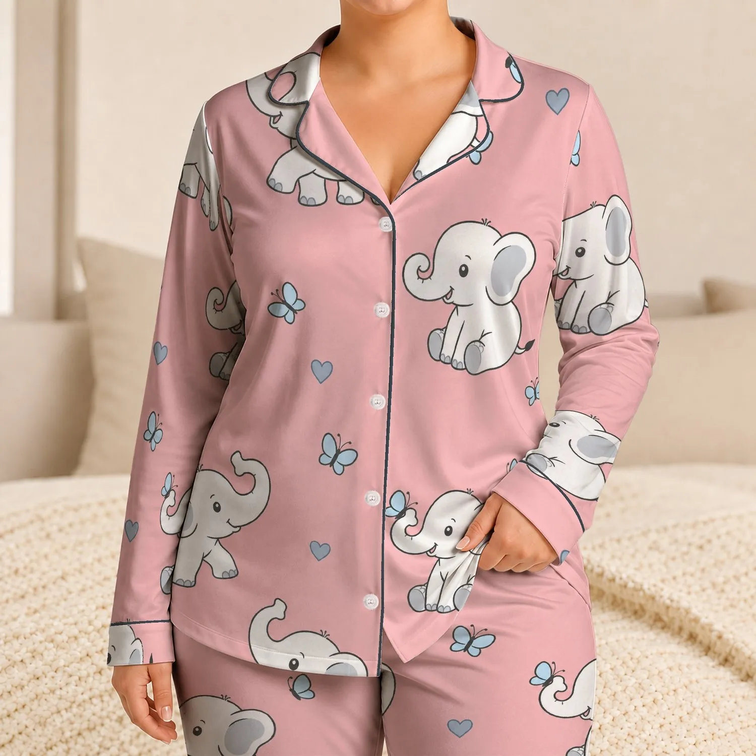 Cute Elephant Butterfly Blush Pink Nursery Style for Girls' Outings and Vacations Satin Pajamas Set - 1