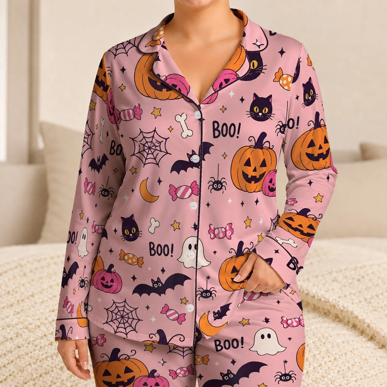 Halloween Pumpkin Ghosts And Black Cats For Cozy Holiday Nights, Kids And Families Satin Pajamas Set - 1