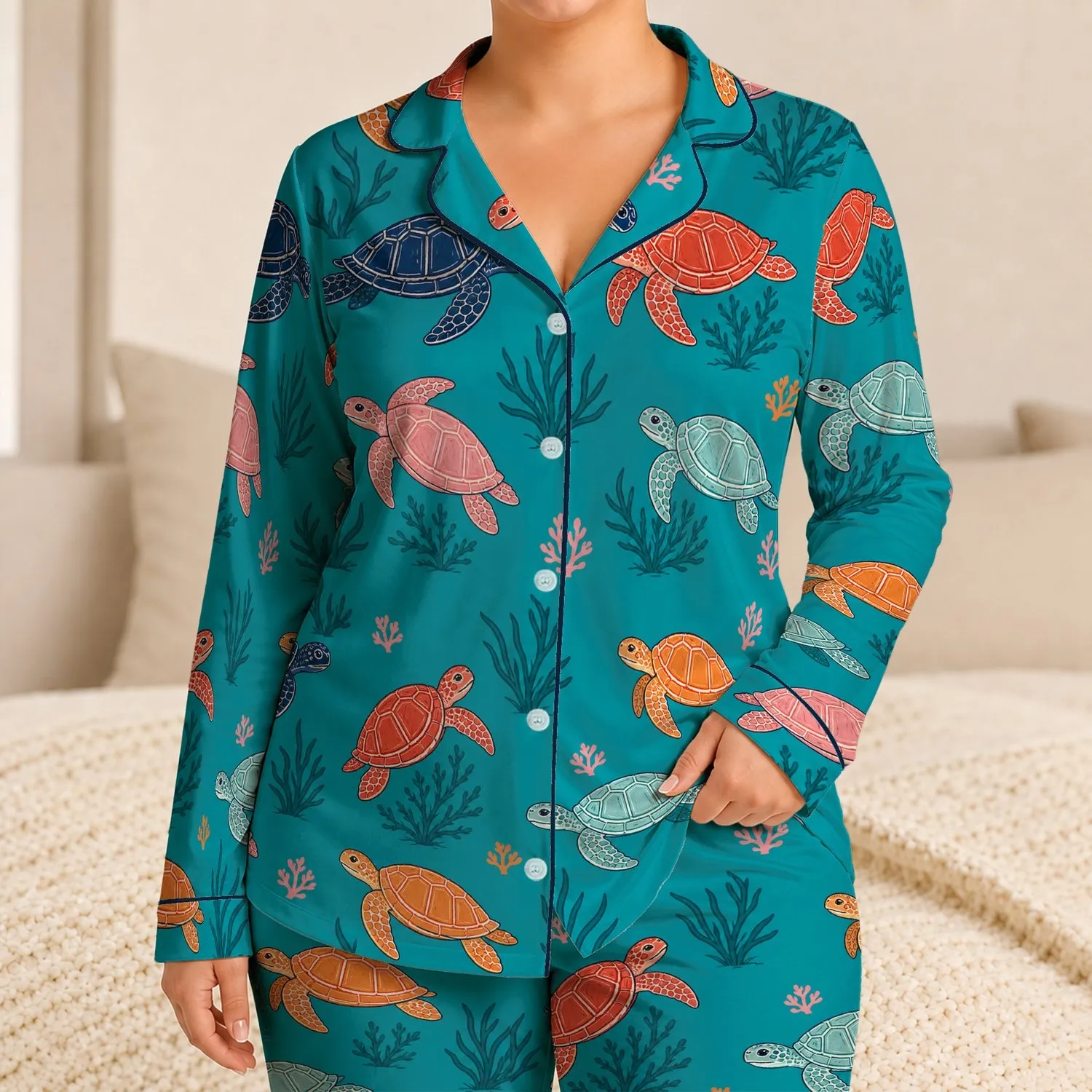 Colorful Sea Turtle And Coral Motif For Coastal Resort Lounging, Beach Days And Travel Satin Pajamas Set - 1
